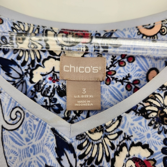 Chicos 3 Floral Print Long Sleeve Tunic Top Womens Size XL Periwinkle V Neck - Picture 4 of 6